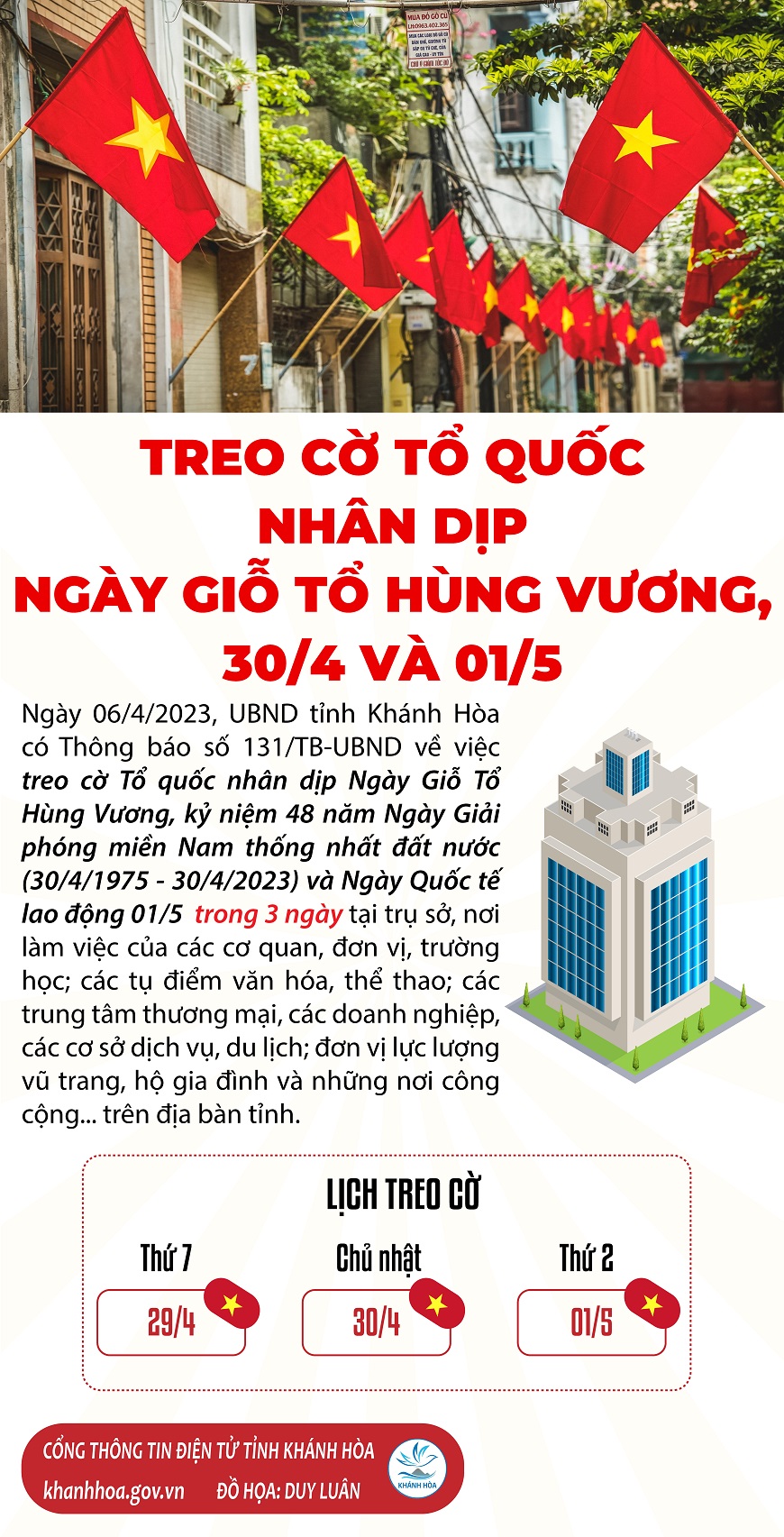 Treo cờ Tổ quốc nhân dịp Ngày Giỗ Tổ Hùng Vương, 30-4 và 01-5